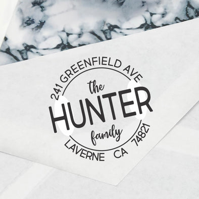 Round Family Name Return Address Stamp, Custom Return Address Stamp, Personalized Return Address Stamp "The Hunter Family"