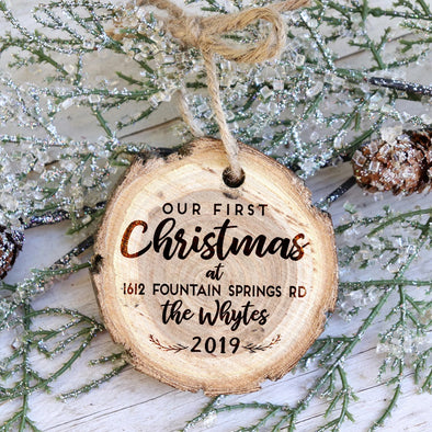 New Home Engraved Tree Slice Christmas ornament, Personalized New Home Tree Slice ornament