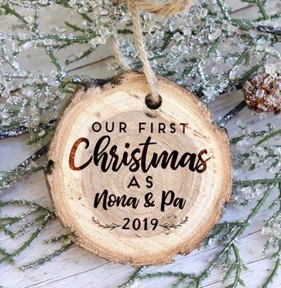 Wood Slice Christmas Ornament, First Christmas as Grandparents Tree Slice Ornament