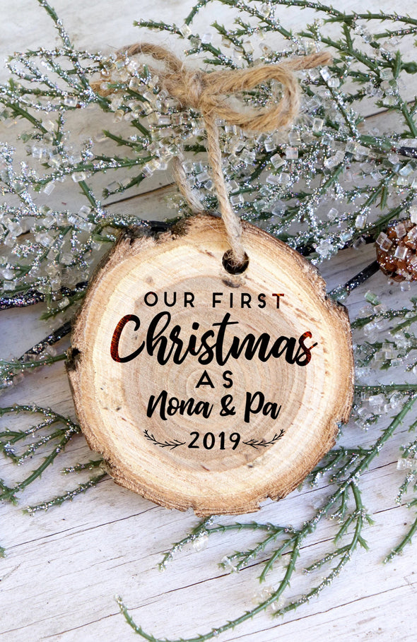 Tree Slice Christmas Ornament, First Christmas as Nana & Papa, Tree Slice Grandparent Reveal Ornament