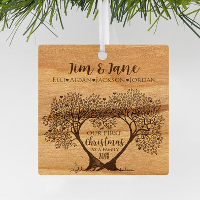Custom Wood Family Tree Engraved Ornament, Personalized Engraved Family Christmas Wood Ornament, Custom Christmas Ornament "Jim & Jane"