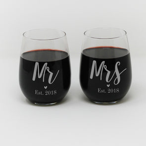 Stemless Wine Glass set, Wedding Wine Glasses, - "Mr. & Mrs."
