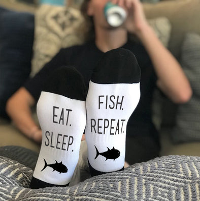 Funny Socks, Bottom of Sock Sayings, "Eat, Sleep, Fish, Repeat"