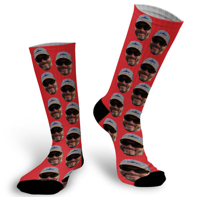 Red background with face Socks, Photo with Red background socks, Red Fun Face Socks, Face Socks, Picture on Red Socks
