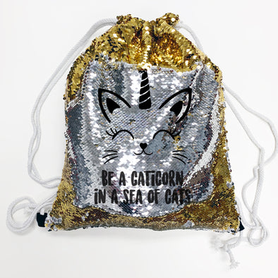 Reversible Sequin Drawstring Bag, Personalized Sequin Bag "Be a Caticorn"