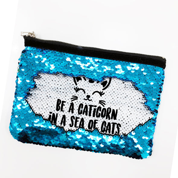 Reversible Sequin Makeup/Pencil Bag, Personalized Sequin Bag "Be a Caticorn"