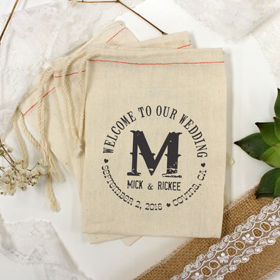 Muslin Bag - "Welcome to Our Wedding Mick & Rickee" - Set of 25