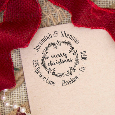 Christmas Wreath Return Address Stamp "Jeremiah & Shannon"