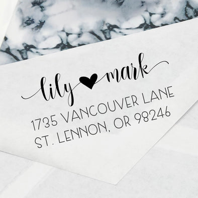 Cursive Couple Names with Heart Return Address Stamp, Custom Return Address Stamp, Personalized Return Address Stamp "Lily Mark"