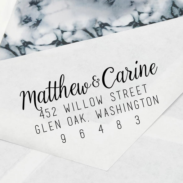 Cursive Couples Names Return Address Stamp, Custom Return Address Stamp, Personalized Return Address Stamp "Matthew & Carrie"