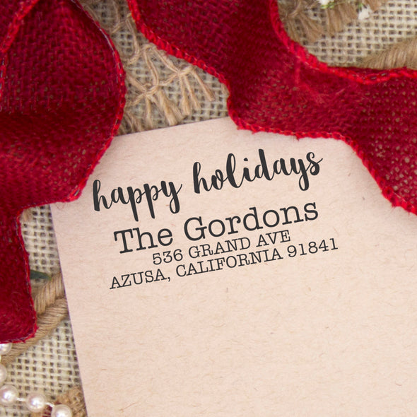 Happy Holidays Custom Return Address Stamp, Personalized Holiday Return Address Stamp, Family Name Return Address Stamp "The Gordons"