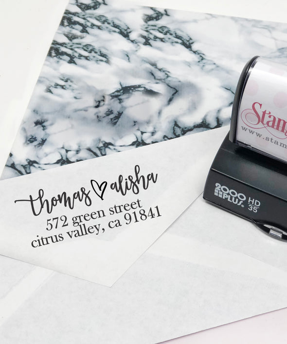 Calligraphy Couples Custom Return Address Stamp, Newly Wed Stamp, First Name Stamp, Personalized Return Address Stamp, Return Address Stamp "Thomas & Alisha"