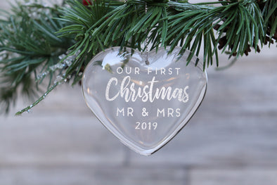 First Christmas Married Glass Engraved Heart Ornament