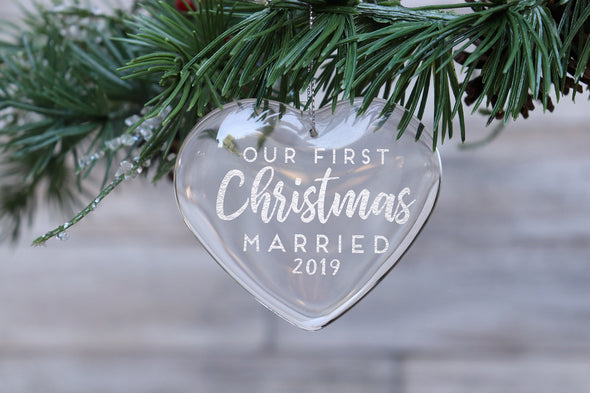 First Christmas Married Engraved Glass Ornament, Personalized Heart Glass ornament