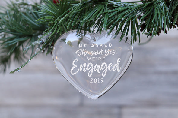 First Christmas Engaged Glass Ornament, Personalized Engraved Glass Ornament