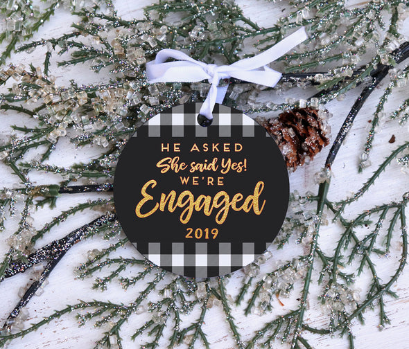 Engagement Reveal Christmas Ornament, Buffalo Check Christmas ornament