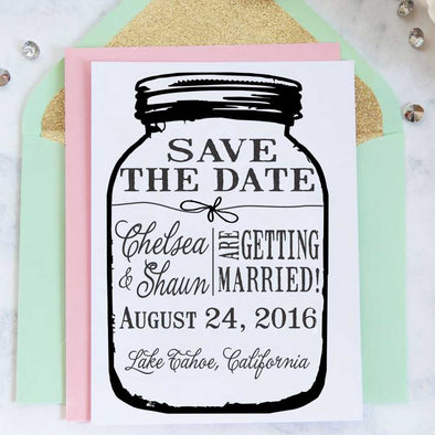 Mason Jar Save the Date Stamp "Chelsea & Shawn"