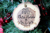 Tree Slice Engraved Mr & Mrs. First Christmas ornament