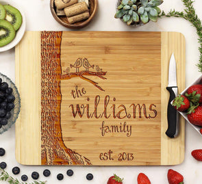 Engraved Cutting Board: Family Lovebirds & Tree