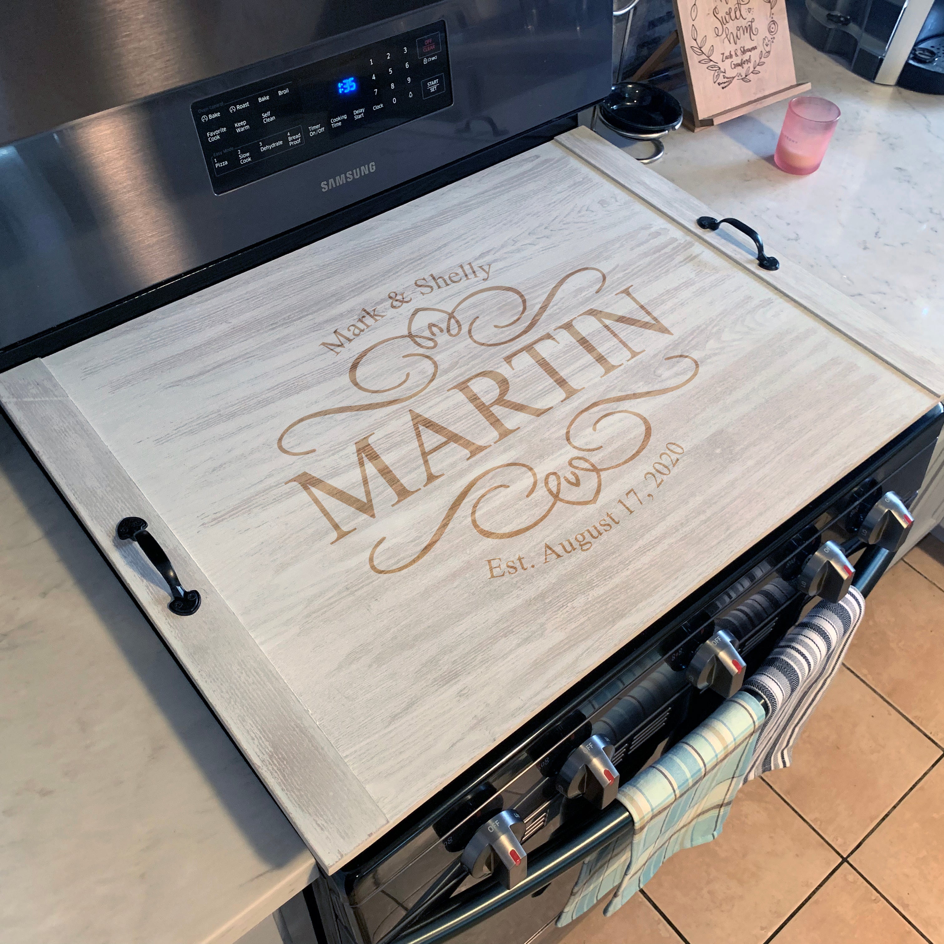 Custom Stove Top Cover, Ottoman Tray, Noodle board Mark & Shelly Mart –  Stamp Out