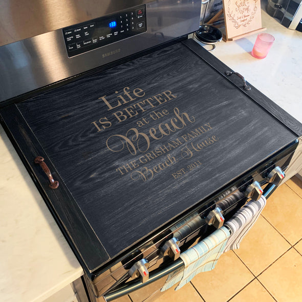 Personalized Stove Top Cover, Custom Ottoman Tray, Noodle board "Life if Better at the Beach"
