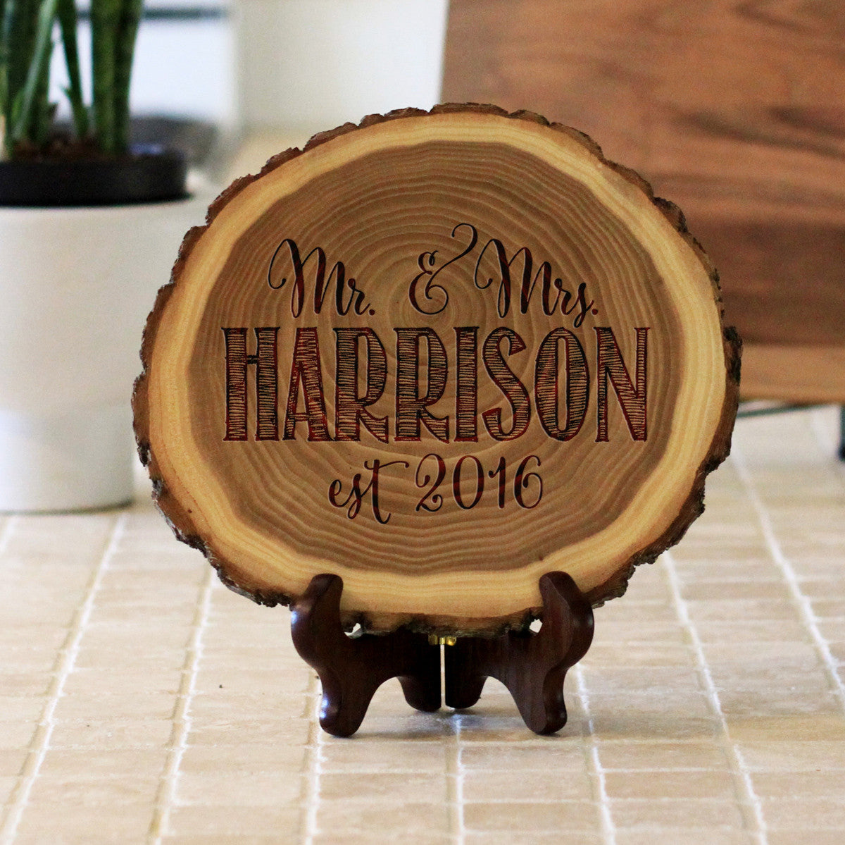 Wood Plaque Mr & Mrs Harrison – Stamp Out