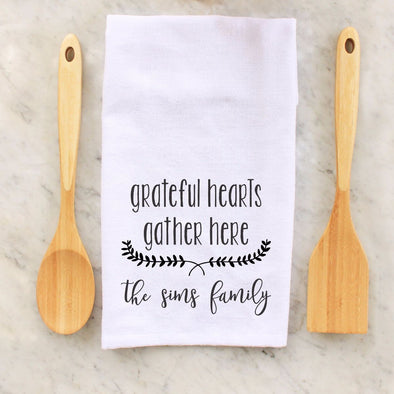 grateful hearts gather here, grateful hearts, the sims family, sims, kitchen towels, kitchen, decorative towels, Thanksgiving, thanksgiving, personalized towels, personalized towel, custom towel, custom towels, fall, fall towel, fall towels, personalized towel, personalized towels, 
