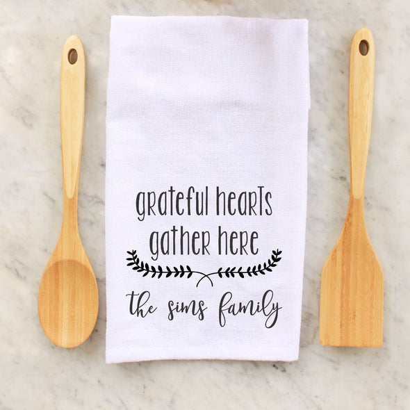grateful hearts gather here, grateful hearts, the sims family, sims, kitchen towels, kitchen, decorative towels, Thanksgiving, thanksgiving, personalized towels, personalized towel, custom towel, custom towels, fall, fall towel, fall towels, personalized towel, personalized towels, 
