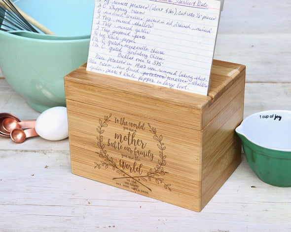 Custom Engraved Recipe Box, Personalized Recipe Box, "To the World Mother"