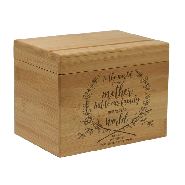 Custom Engraved Recipe Box, Personalized Recipe Box, "To the World Mother"