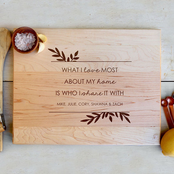 What I Love Most About My Home Custom Cutting Board, Personalized Cutting Board "Mike, Julie, Cory, Shawna & Zach"