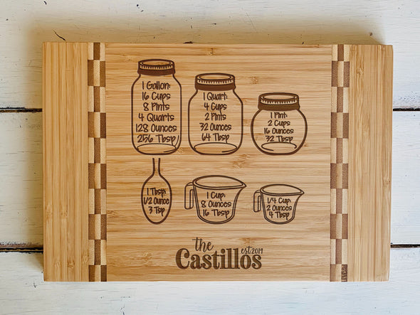 Custom Farmhouse Cutting Board "The Castillos" Measuring Cups