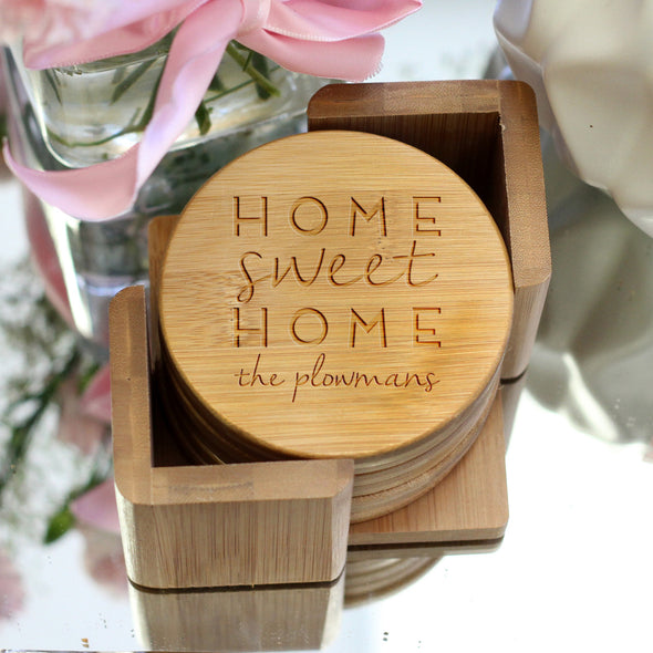 Personalized Engraved Bamboo Coaster Set "Home Sweet Home Plowmans"