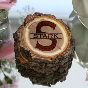 Personalized Engraved Tree Bark Coaster Set - "Stark Initial through Name"