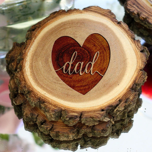 Personalized Engraved Tree Bark Coaster Set - "DAD"