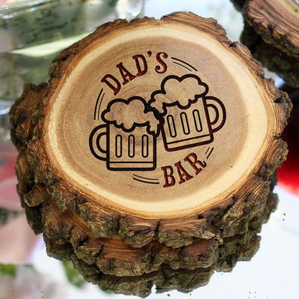 Personalized Engraved Tree Bark Coaster Set - "DAD'S BAR"