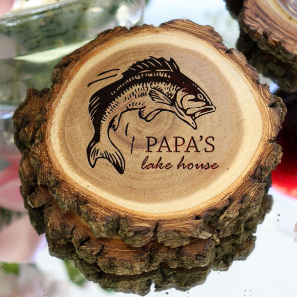 Personalized Engraved Tree Bark Coaster Set - "PAPA'S Lake House"