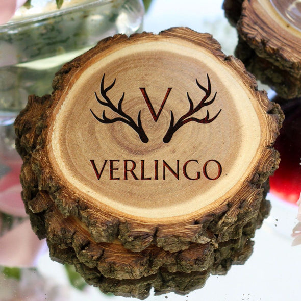 Personalized Engraved Tree Bark Coaster Set - "Antlers With Last Name"