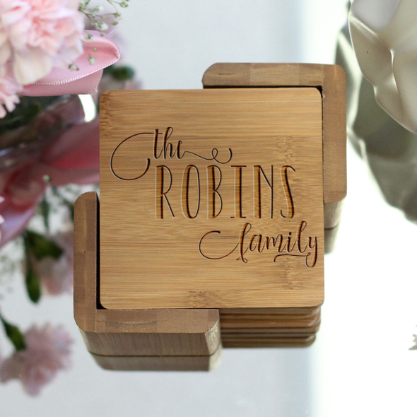 Engraved Bamboo Coaster Set "Robins Family"
