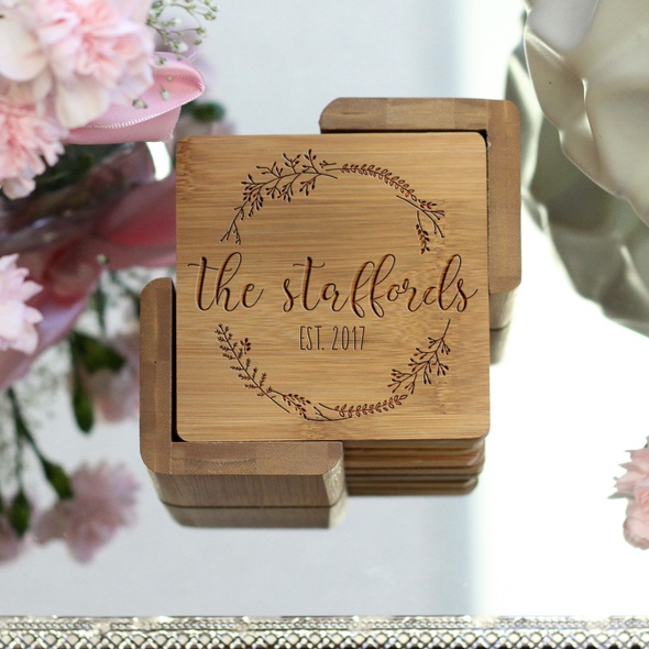 Engraved Bamboo Coaster Set "The Staffords"