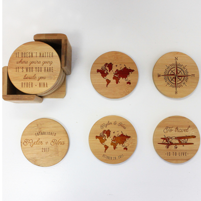 Engraved Bamboo Coaster Set "To Travel Is To Live"