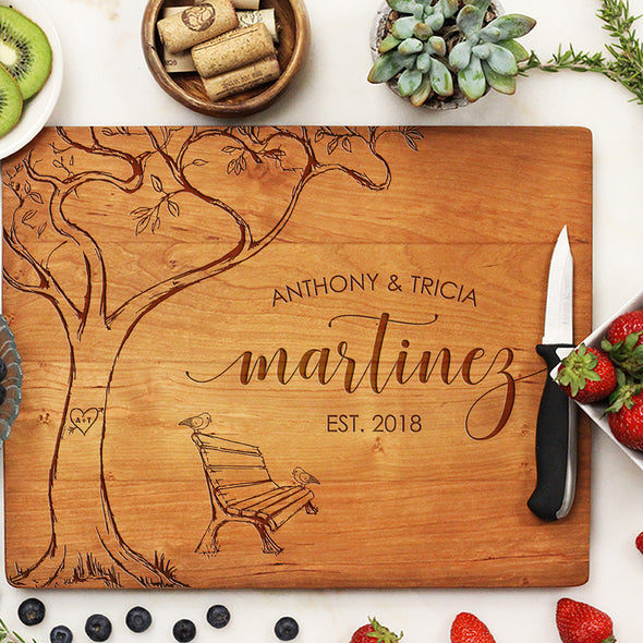 Custom Cutting Board with Tree & Bench, Personalized Wedding Gift, Anthony & Tricia Martinez
