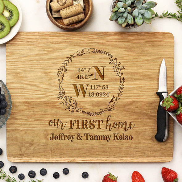 Custom Our First Home Cutting Board, Cutting Board with Home Coordinates, Our First Home, Personalized Cutting Board "Jeffrey & Tammy Kelso"