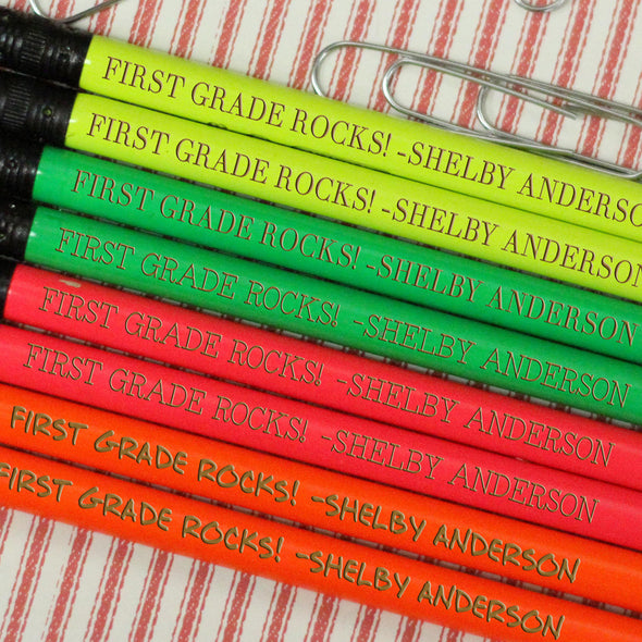 Engraved Pencil Packs - "First Grade Rocks - Shelby"