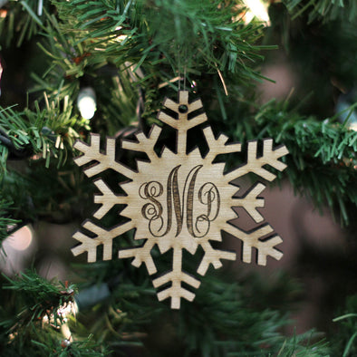 Personalized Engraved Wood Ornament - "Snowflake Monogram"