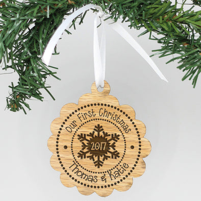 Personalized Engraved Wood Ornament - "Our First Christmas - Thomas Katie"