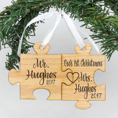 Personalized Engraved Wood Ornament - "Mr & Mrs Hughes Puzzle"