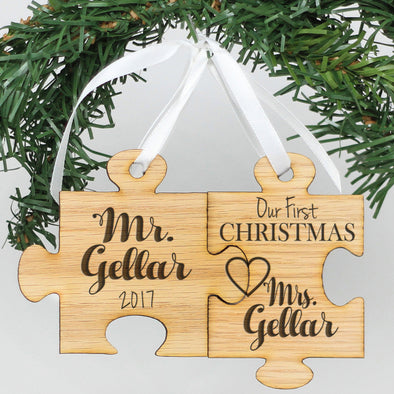 Personalized Engraved Wood Ornament - "Mr & Mrs Gellar Puzzle"