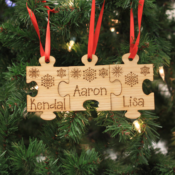 Personalized Engraved Wood Ornament - "Family Name Puzzle"