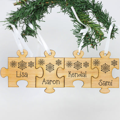 Personalized Engraved Wood Ornament - "Family Name Puzzle"